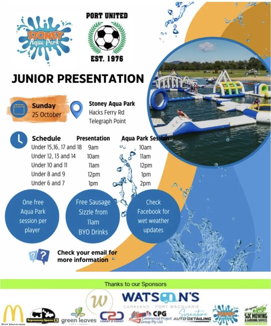 Port United Junior Presentation - Sunday 25 October at Stoney Aqua Park, Telegraph Point
