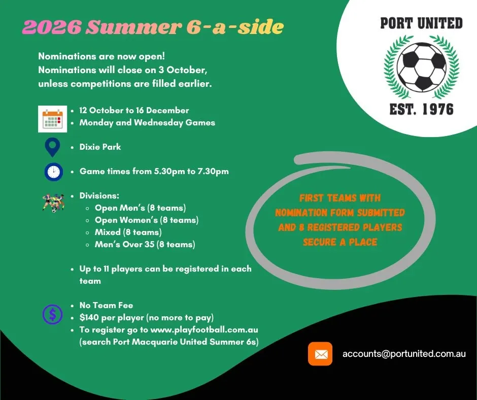 2026 Summer 6-a-side at Dixie Park, nominations close 3 October - Port United